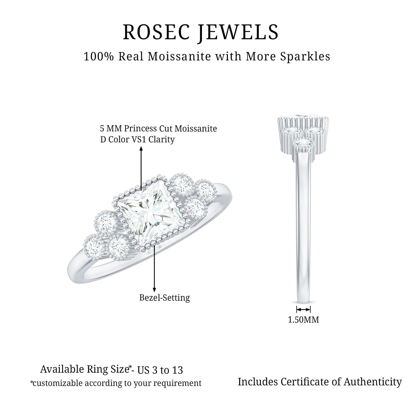 5x5mm Princess Cut Moissanite Classic Solitaire Engagement Ring