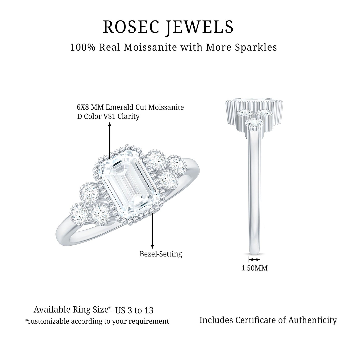 6x8mm Emerald Cut Moissanite Classic Engagement Ring with Beaded Details