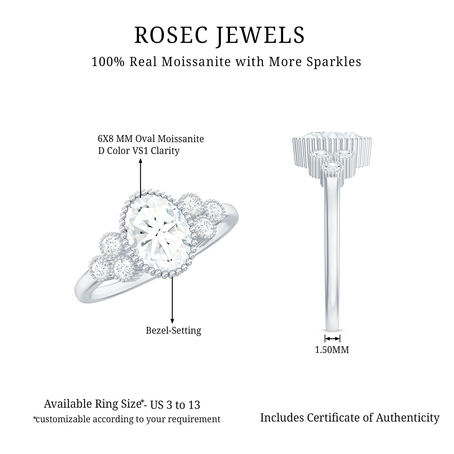 6x8mm Oval Cut Moissanite Classic Engagement Ring with Trio