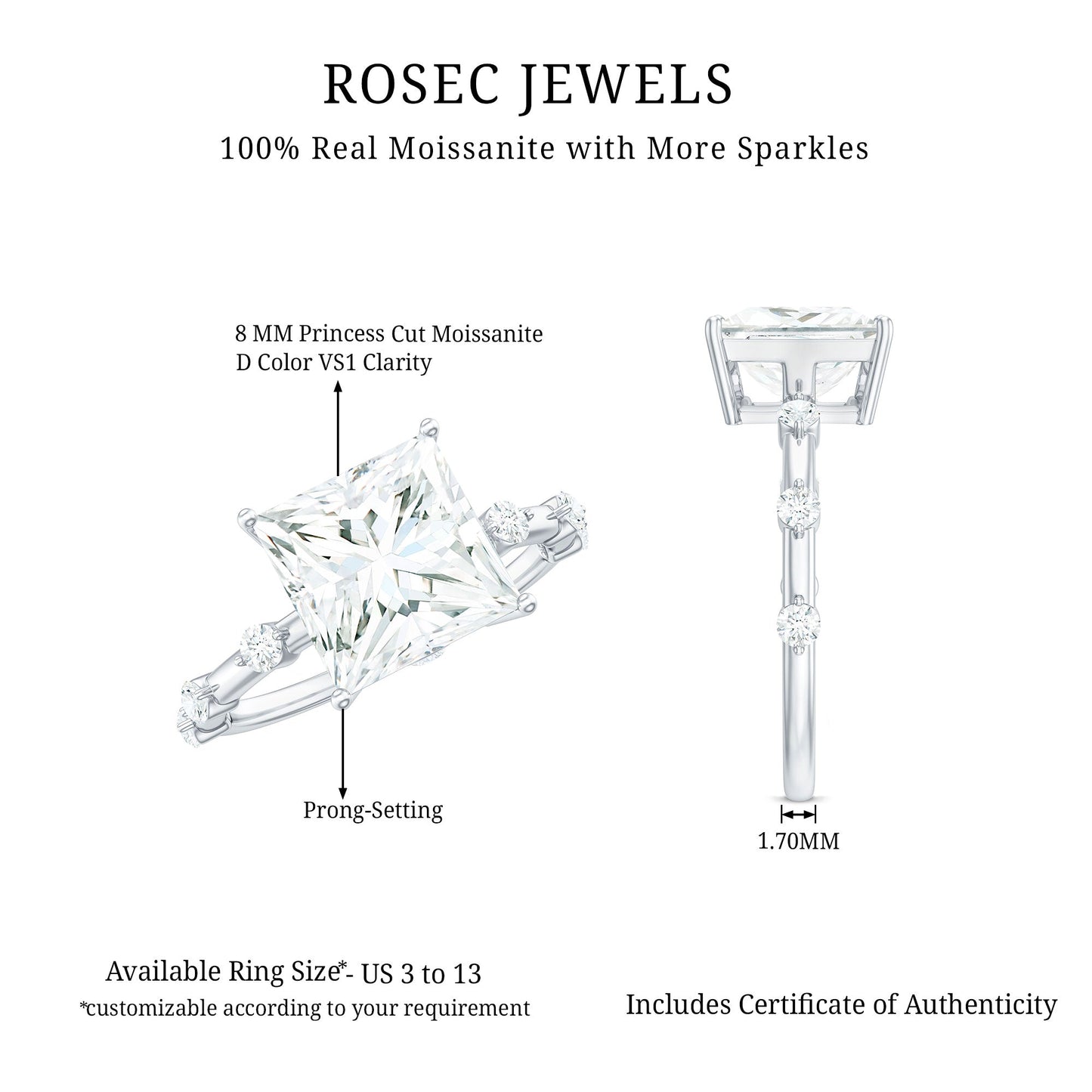 8X8 MM Princess Cut Certified Moissanite Solitaire Engagement Ring