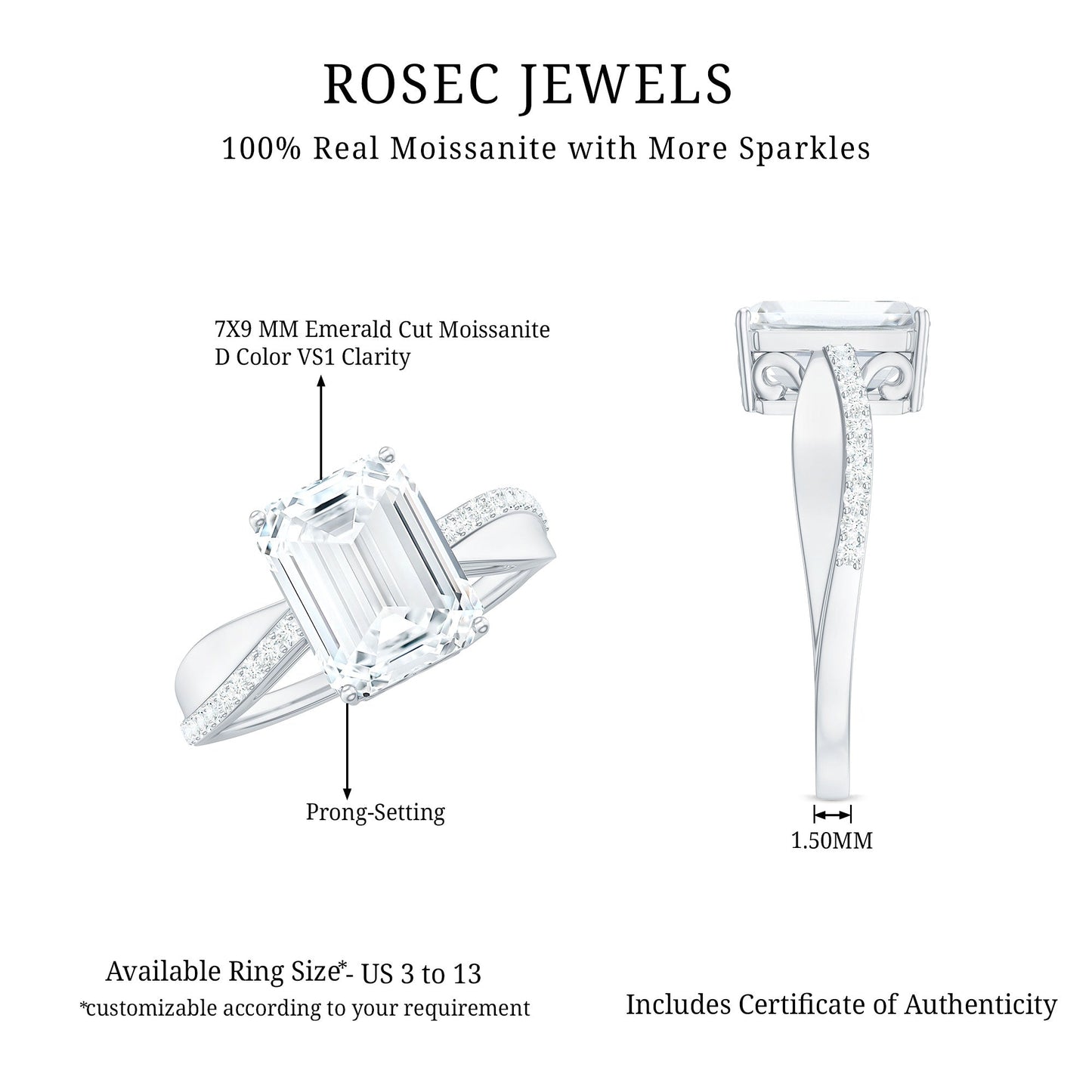 7x9mm Emerald Cut Moissanite Solitaire Classic Engagement Ring