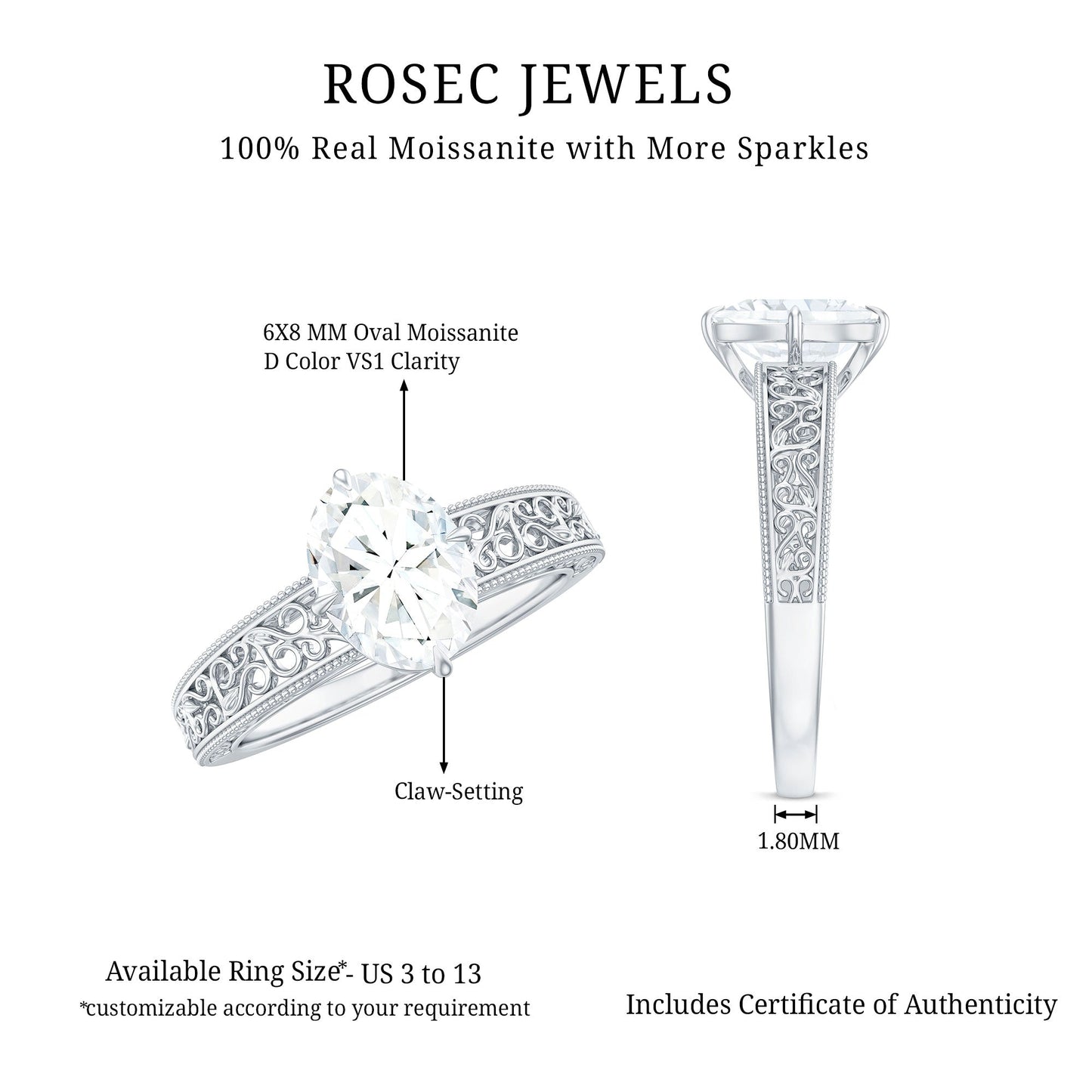 6X8mm Moissanite Oblong Engagement Ring with Filigree Shank