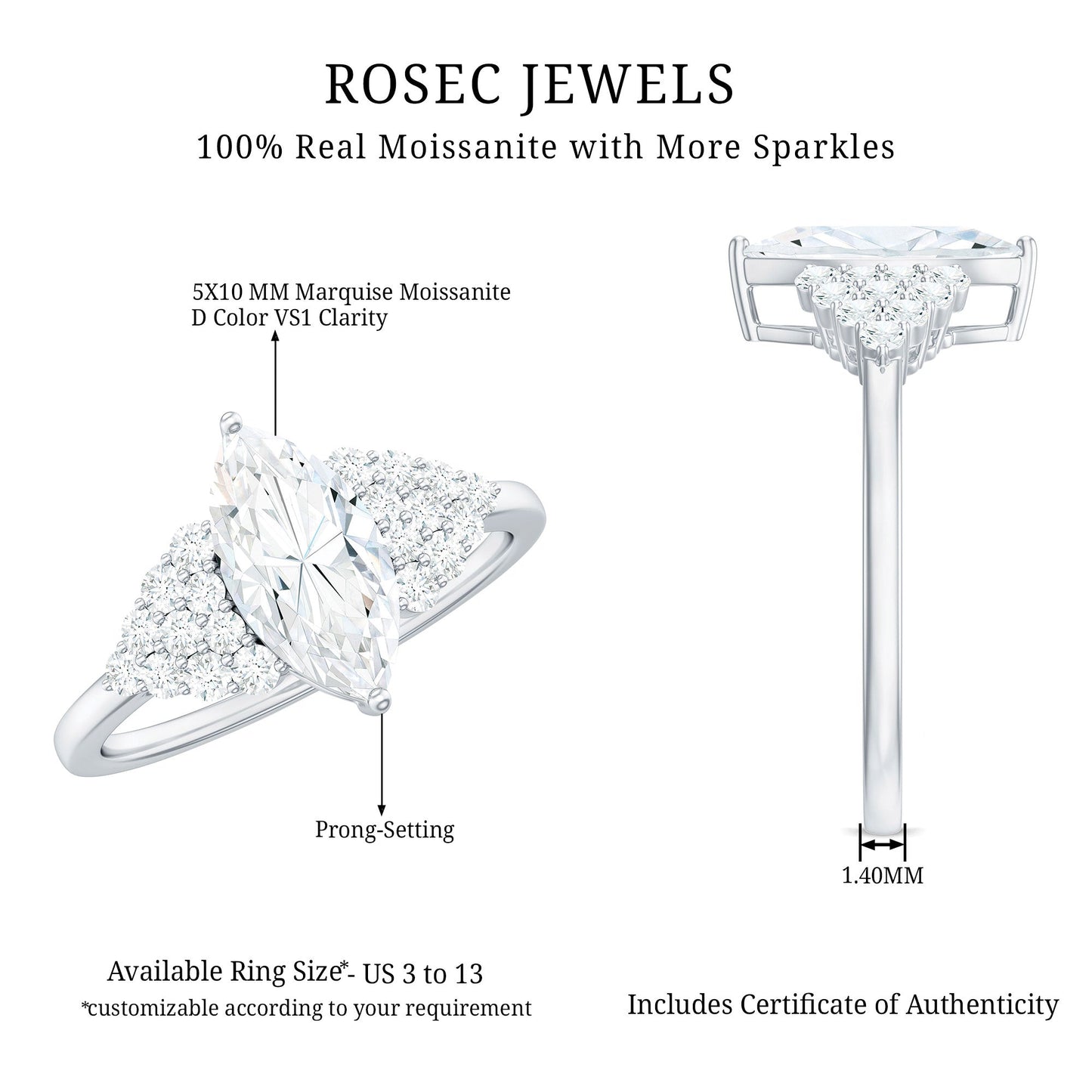 5X10mm Marquise Cut Moissanite Classic Engagement Ring