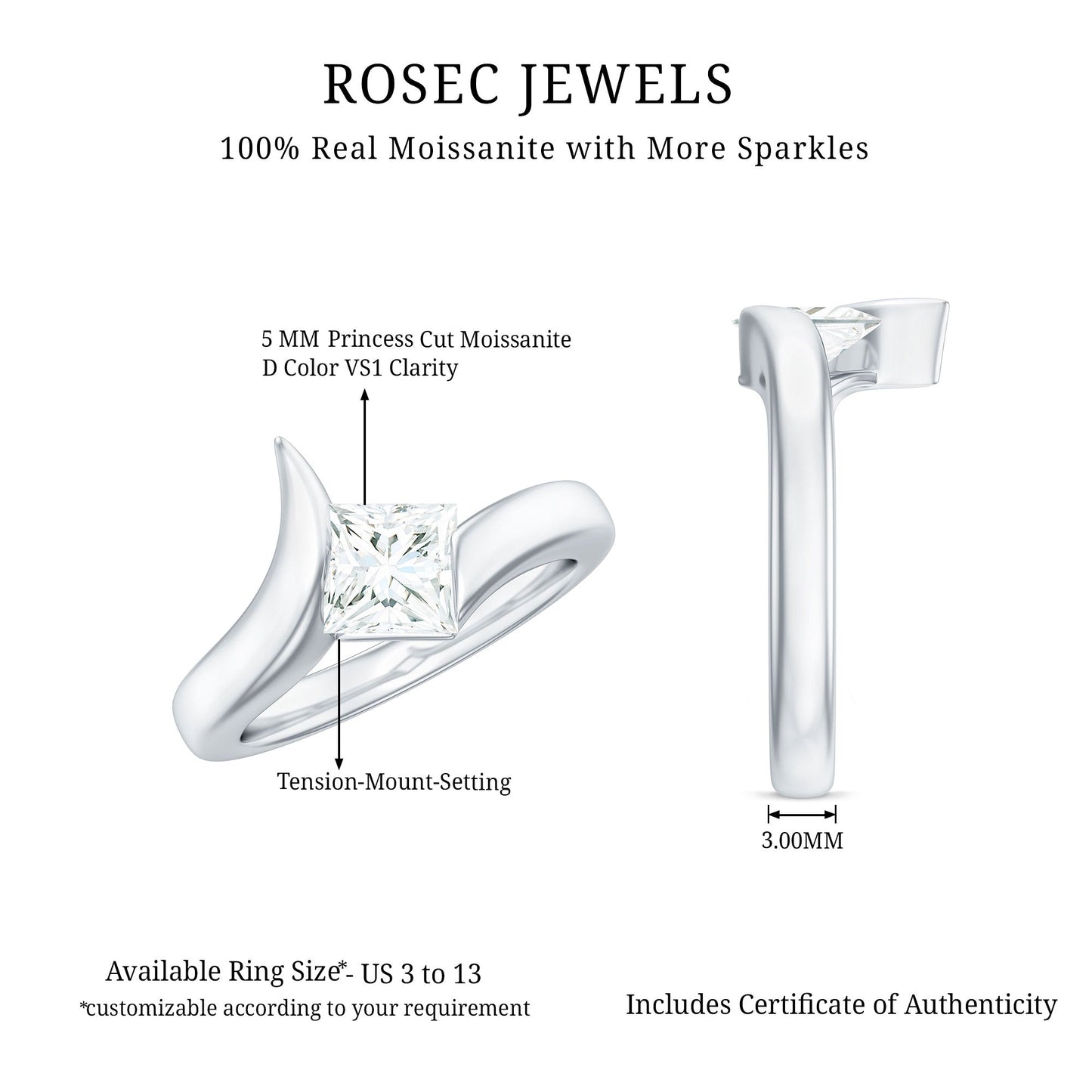 5mm Princess Cut Moissanite Solitaire Ring in Tension Setting