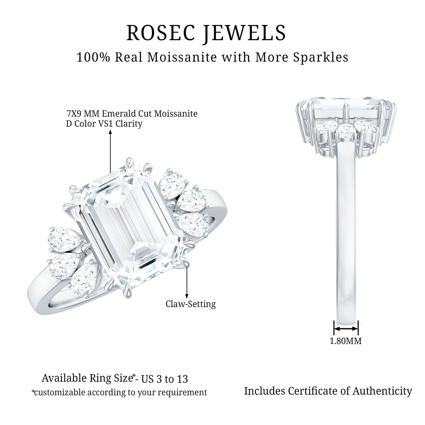 7x9mm Emerald Cut Moissanite Solitaire Engagement Ring For Women