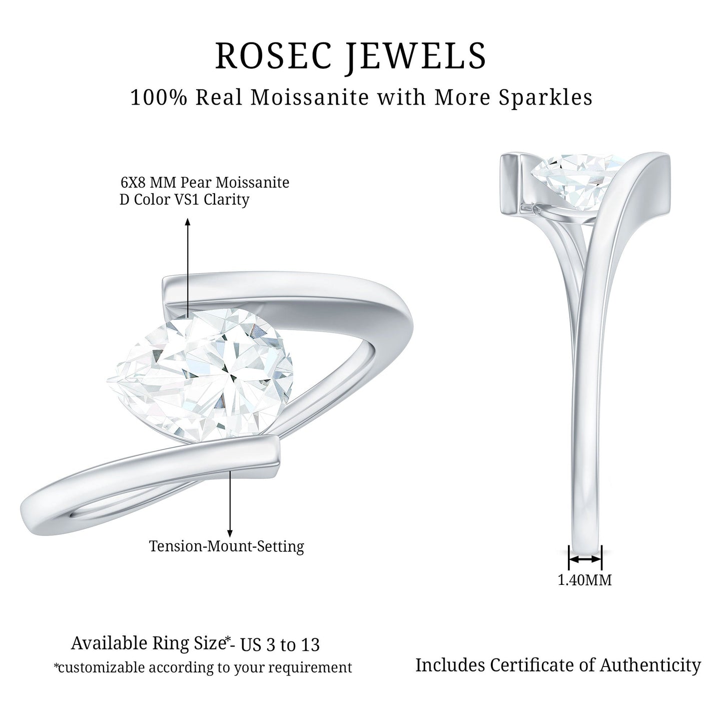 6X8 mm Pear Cut Moissanite Engagement Ring In Tension Setting