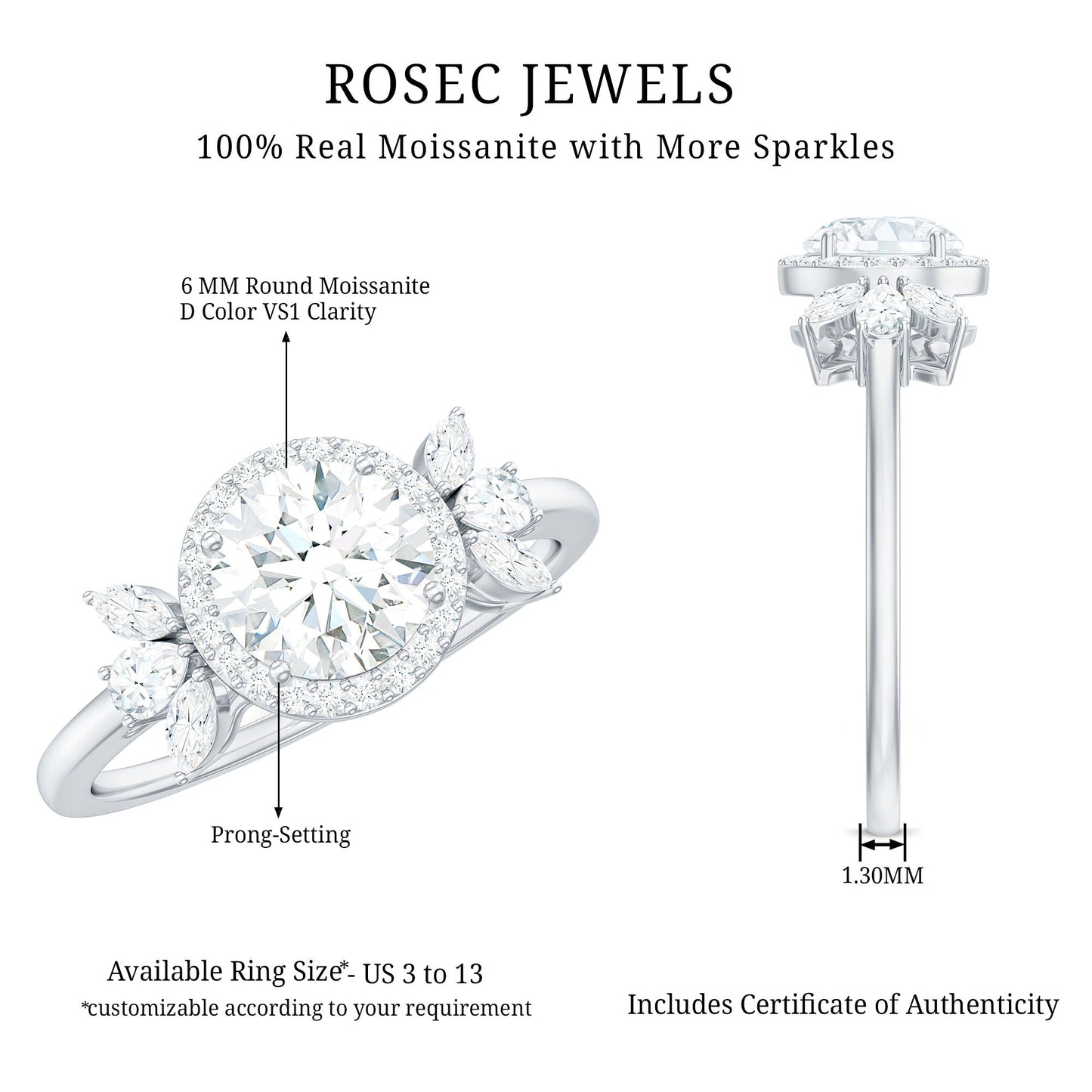 6mm Round Shape Moissanite Designer Halo Engagement Ring
