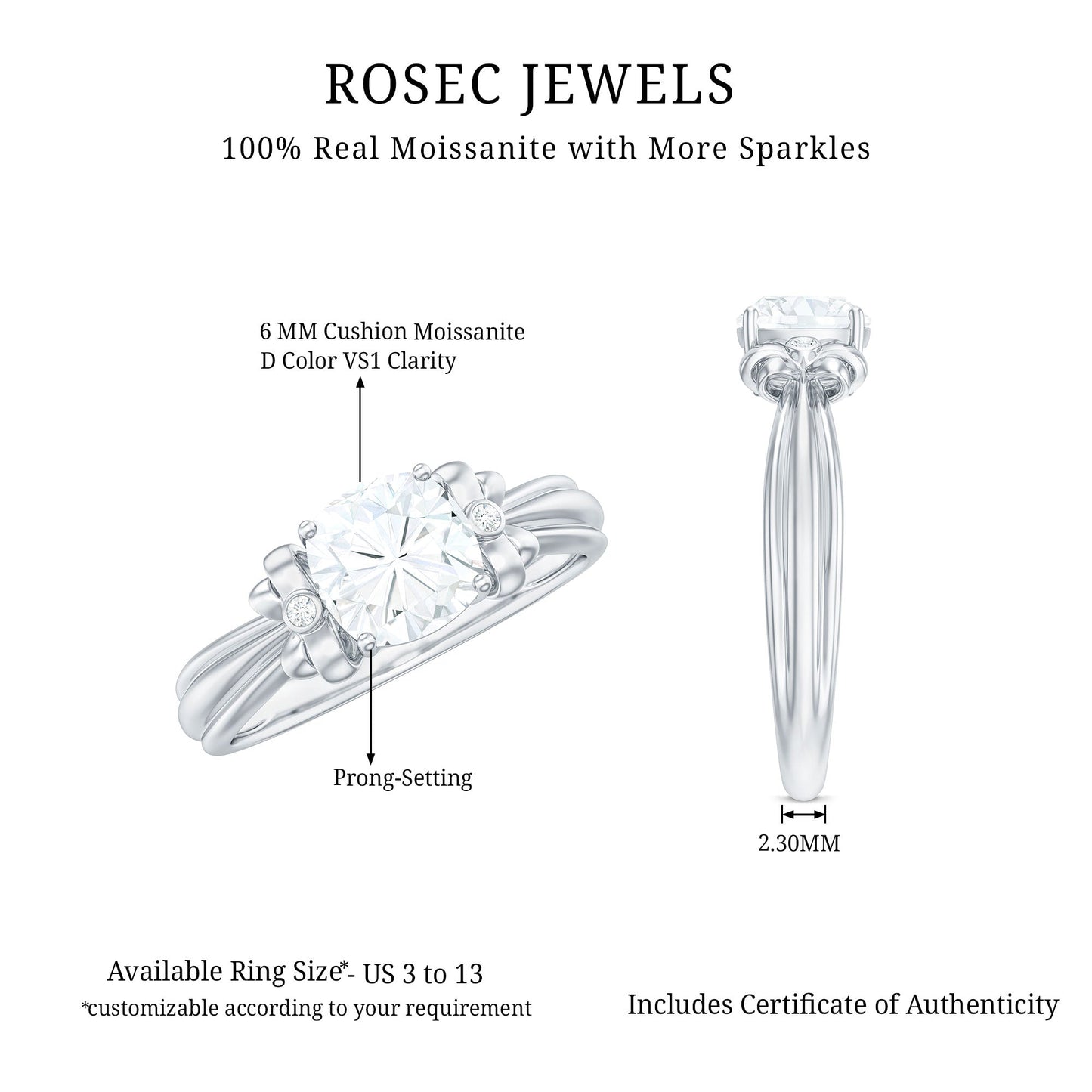 6mm Cushion Cut Moissanite Designer Solitaire Ring with Engraved Shank