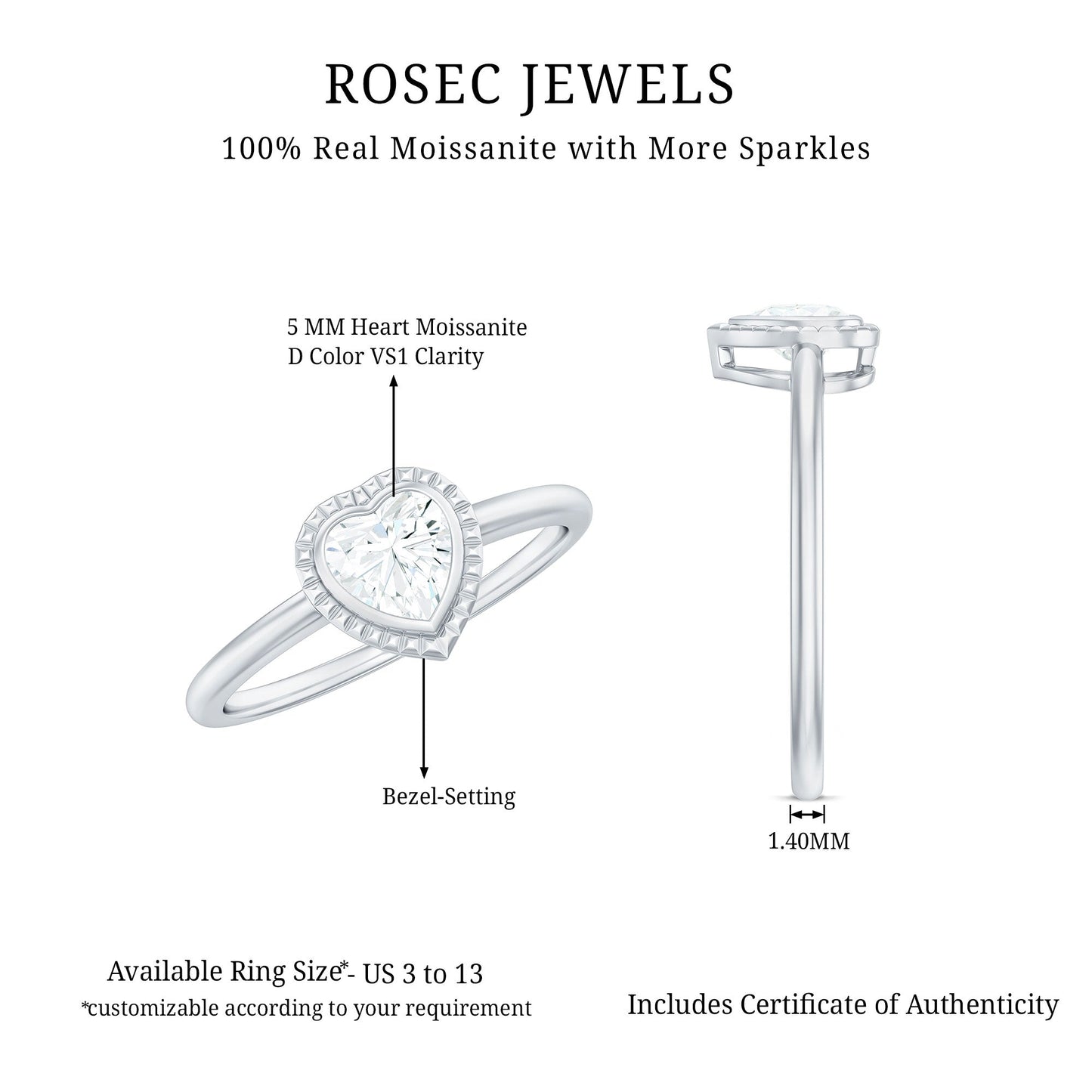 5mm Moissanite Heart Promise Ring in Bezel Setting