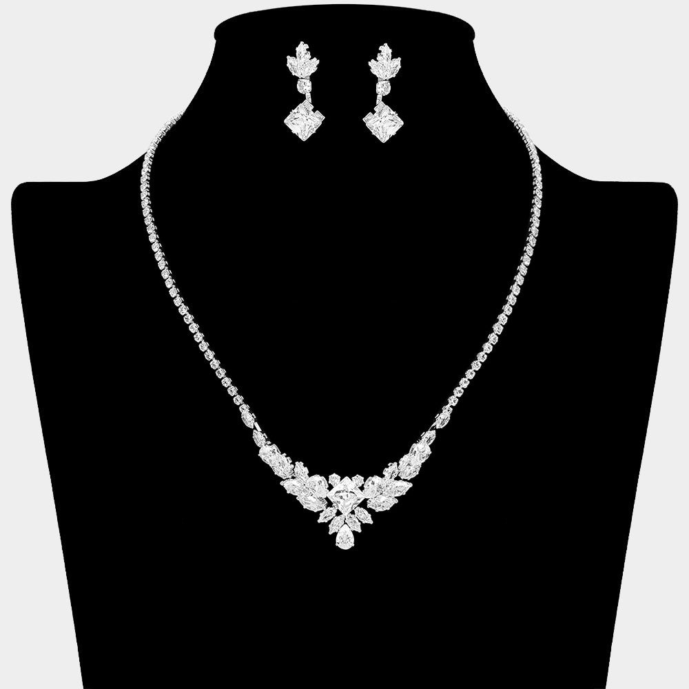 Teardrop Marquise Square CZ Stone Cluster Accent Necklace