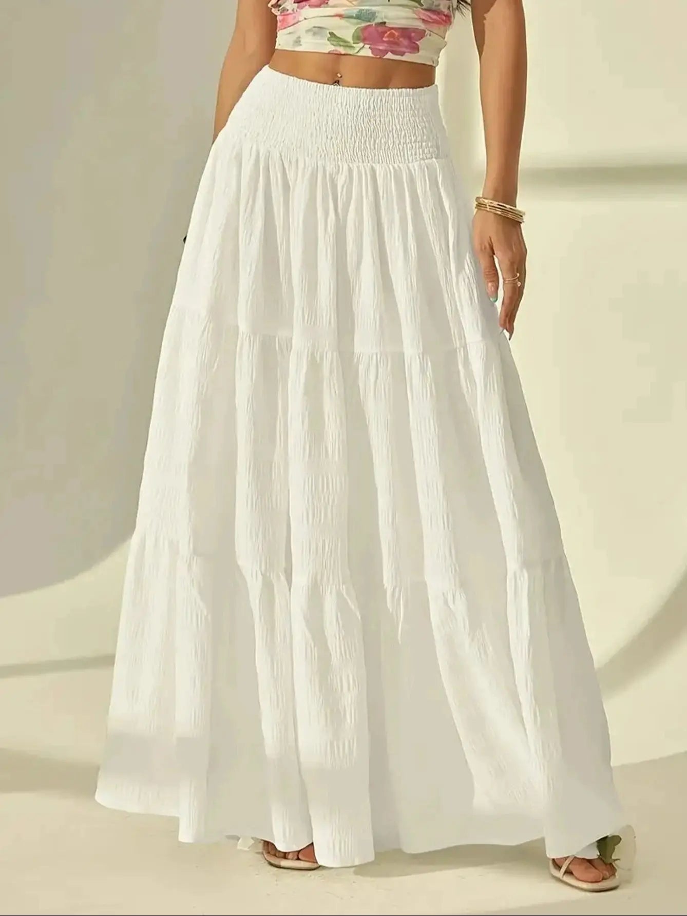 Women Fashion Tiered Maxi Skirt Elastic Waist Casual Solid Color A-line Faldas Mujer Holiday Streetwear Long Jupes