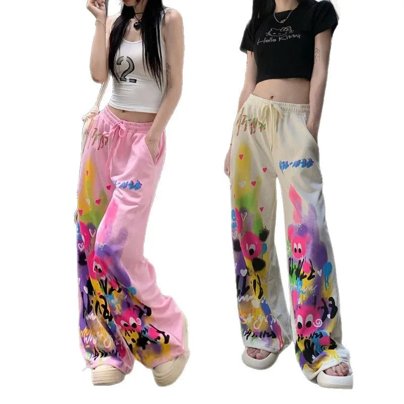 Pink Wide Leg Pants High Waist Loose Graffiti Casual Long Trousers Sweatpants Women's Walking Pants Comfortable Street Style