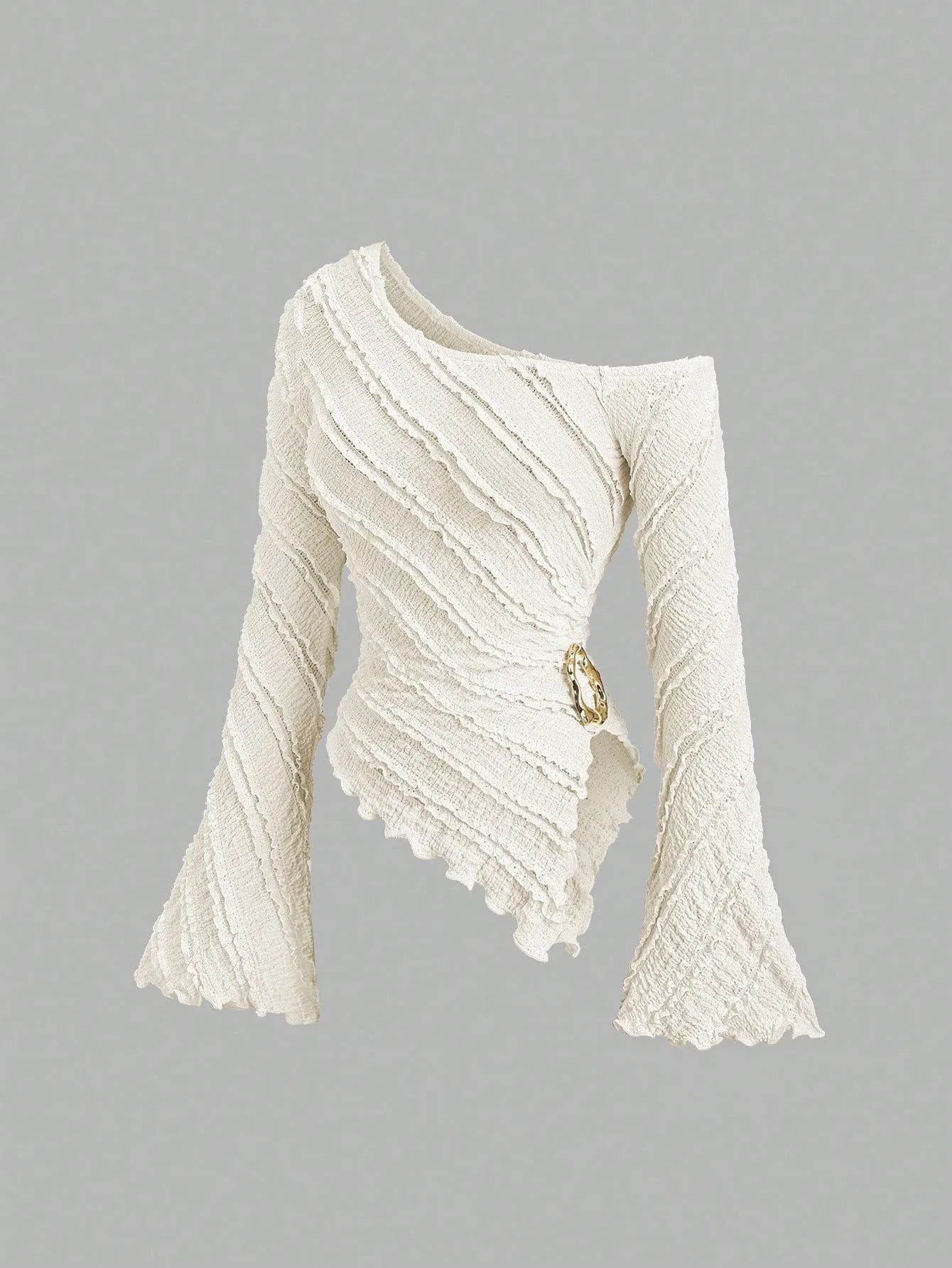 Women's Casual Textured Fabric Asymmetric Hem Flared Sleeves Blouse Commute Side Metal Decor One Shoulder Tops Spring/Fall 2026