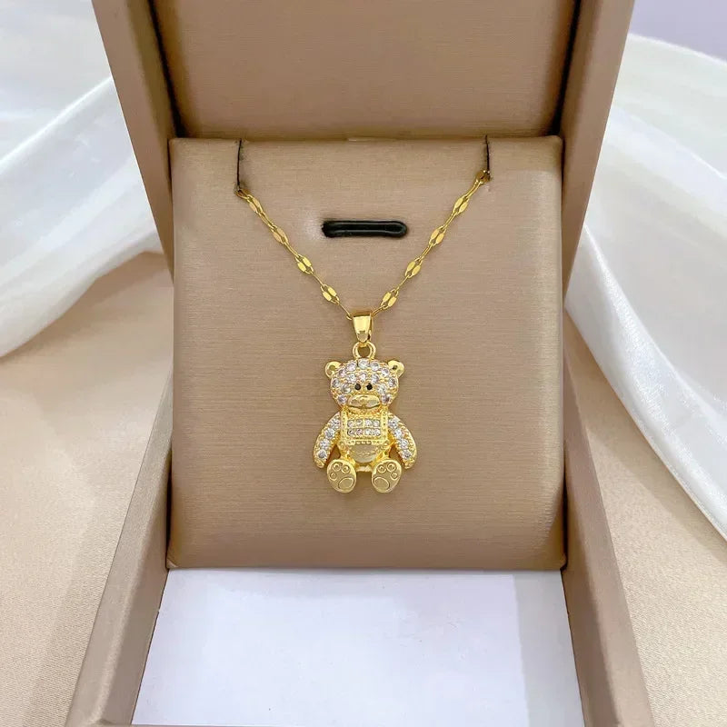 Gold Color Stainless Steel Chain Cute Shiny Zircon Bear Pendant Necklaces for Women Girls Lovely Luxury Jewelry Accessories Gift