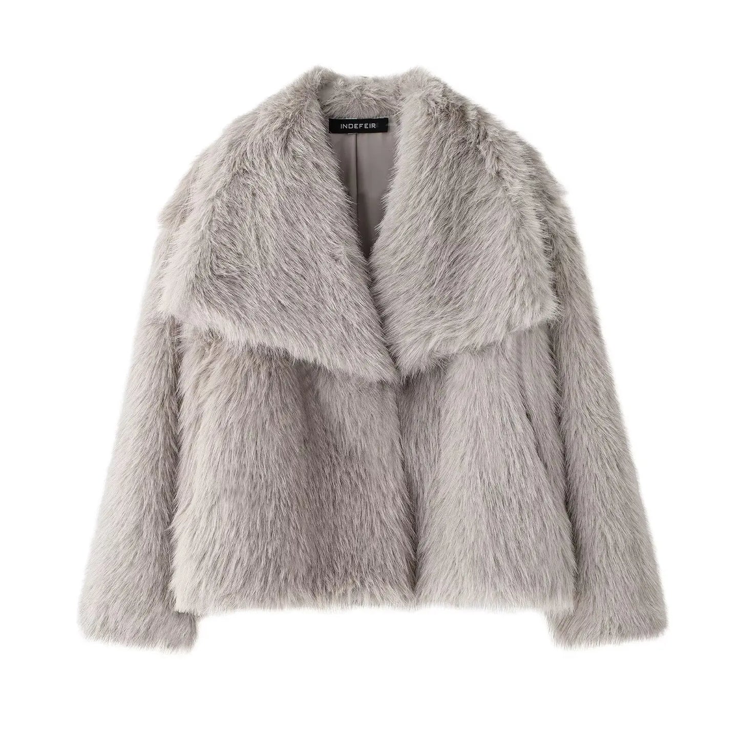 Cropped Faux Fur Coat Long Sleeve Front Snap-button Female Outerwear Chic Lapel Collar Thick Coat