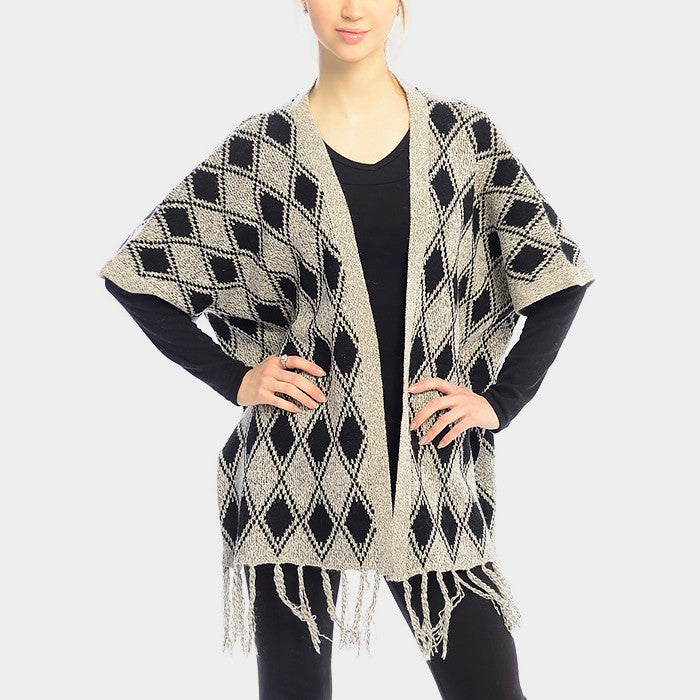 DIAMOND PATTERN FRINGE TRIM PONCHO SHAWL