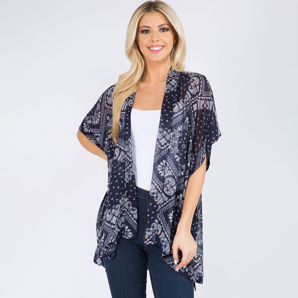 Lightweight Boho Paisley Pattern Open Front Kimono Poncho