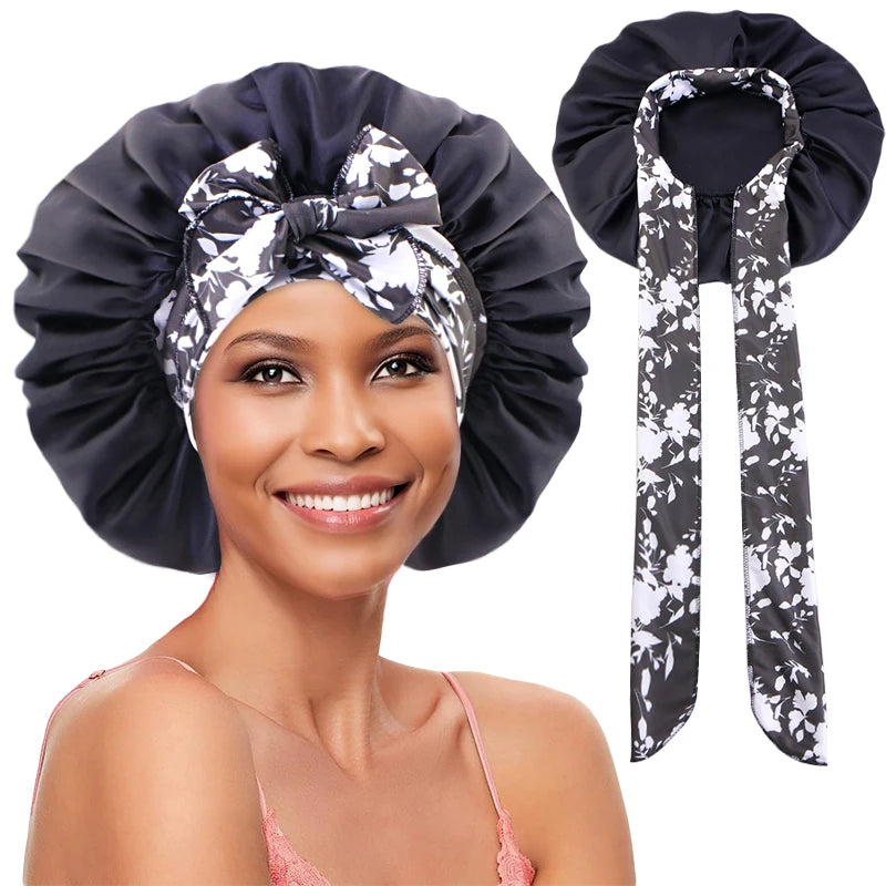 New Silky Bonnet for Sleeping Women Satin Bonnet Night Sleep Cap Large stretch printed ribbon colored nightcap hair care cap