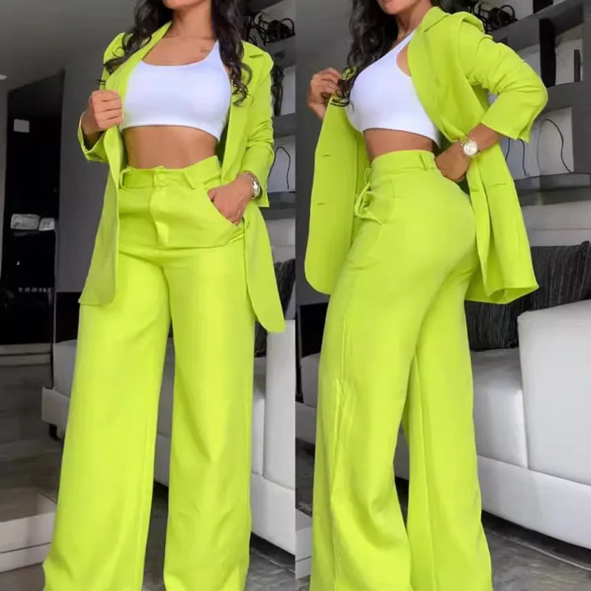 Two Piece Set Women Outfit Autumn Fashion Collar Long Sleeve Blazer Coat & Elegant Pocket Design Work Pants Set