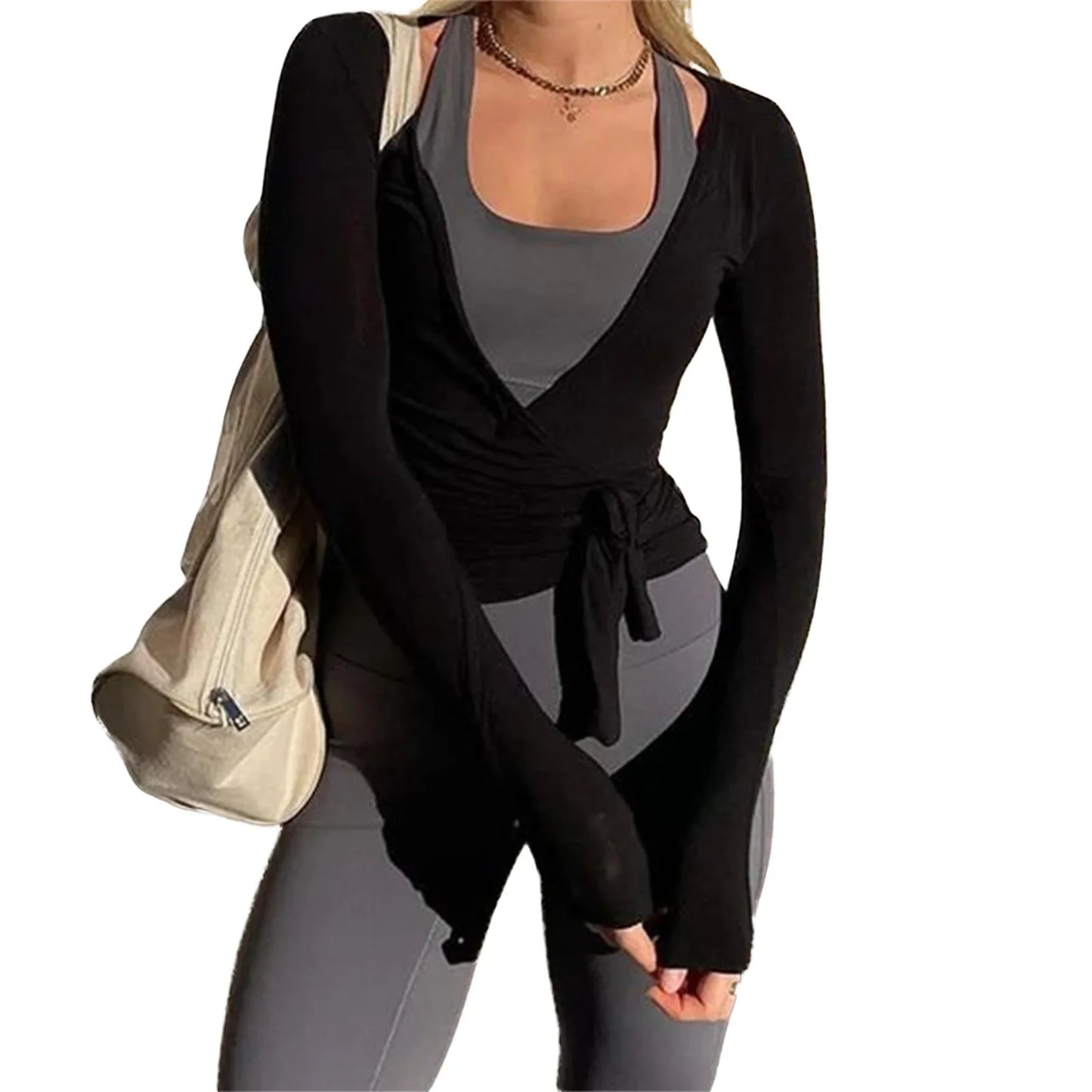 Women Cross Wrap Tie Crop Tops Yoga Shirts Long Sleeve Deep V Neck Solid Color Slim Fit Shirts Ladies Yoga Workout Blouses Tees