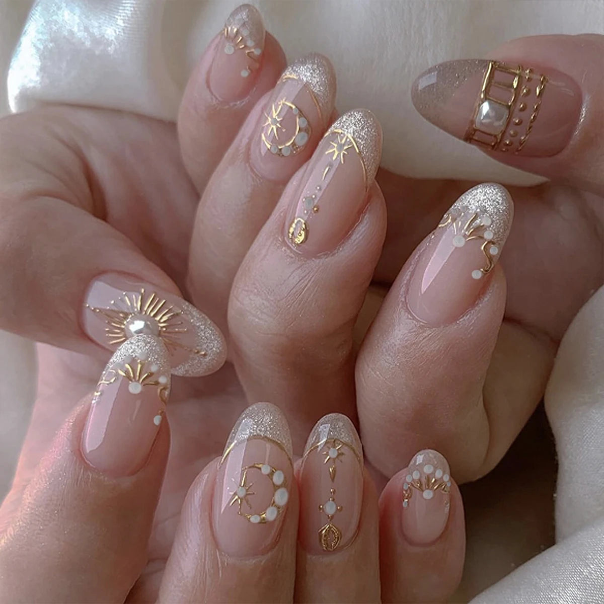24pcs Purple French Almond Press on Nails Star Pattern False Nails Wearable Stick-on Nail Fake Nails Uñas Накладные Ногти 네일팁