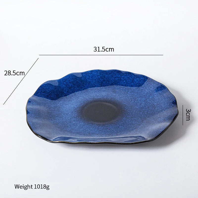 1PCS Cat Eye Blue Color NEW Japanese Ceramic Food Dish Flat Plate Pottery Irregular Dish Dinnerware Steak Display Dish