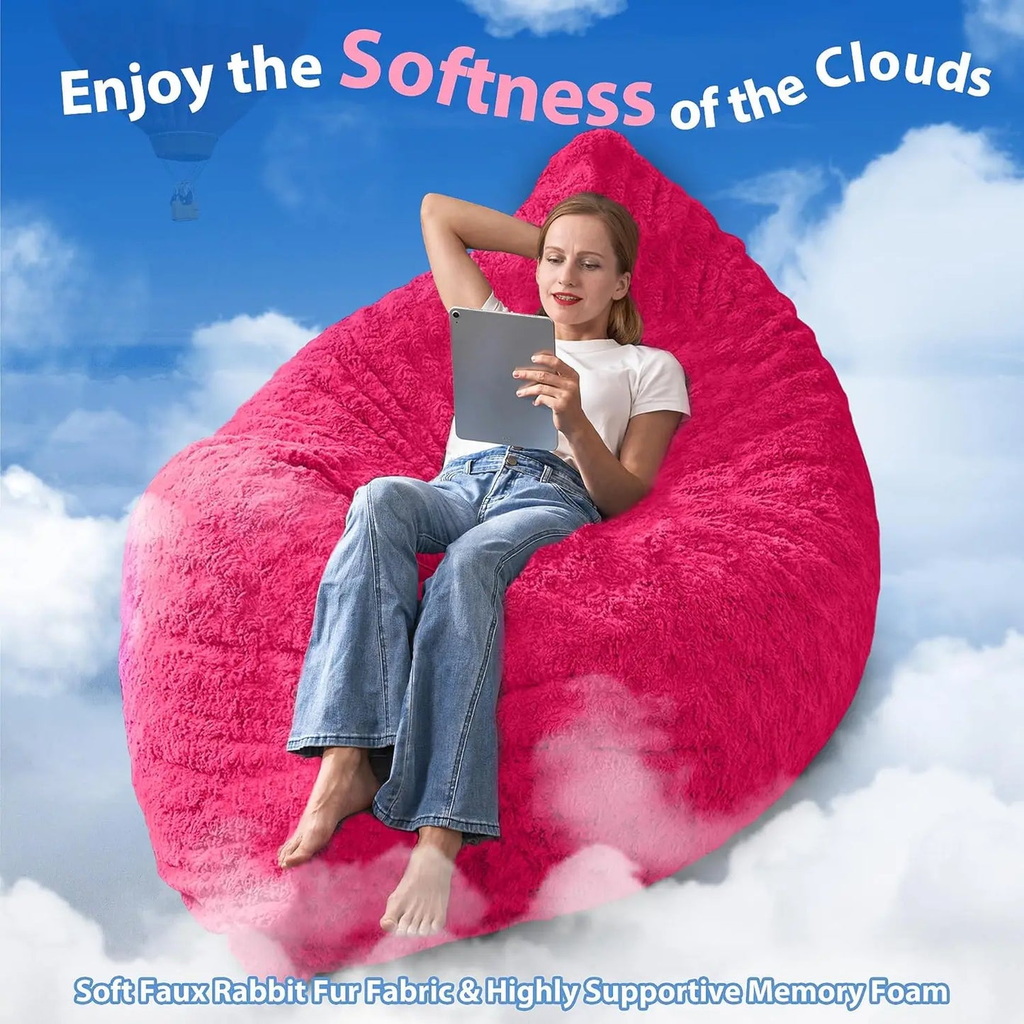 4 in 1 Bean Bag Chair, Giant Memory Foam Filling Bean Bag Sofa, Adult Bean Bag Chair, Machine Washable Faux Fur Cover (Rose Red)