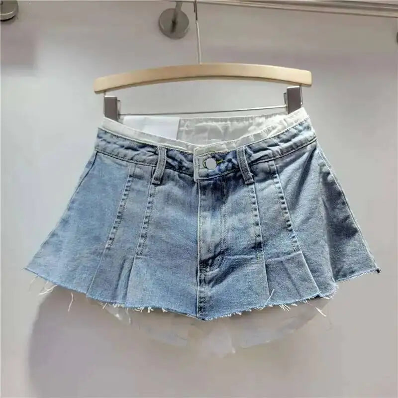 New Fashion Women's Irregular Fake Two-piece A-line Mini Denim Skirts 2026 Autumn Trendy High Waist Skirt Female Fashion XHV4