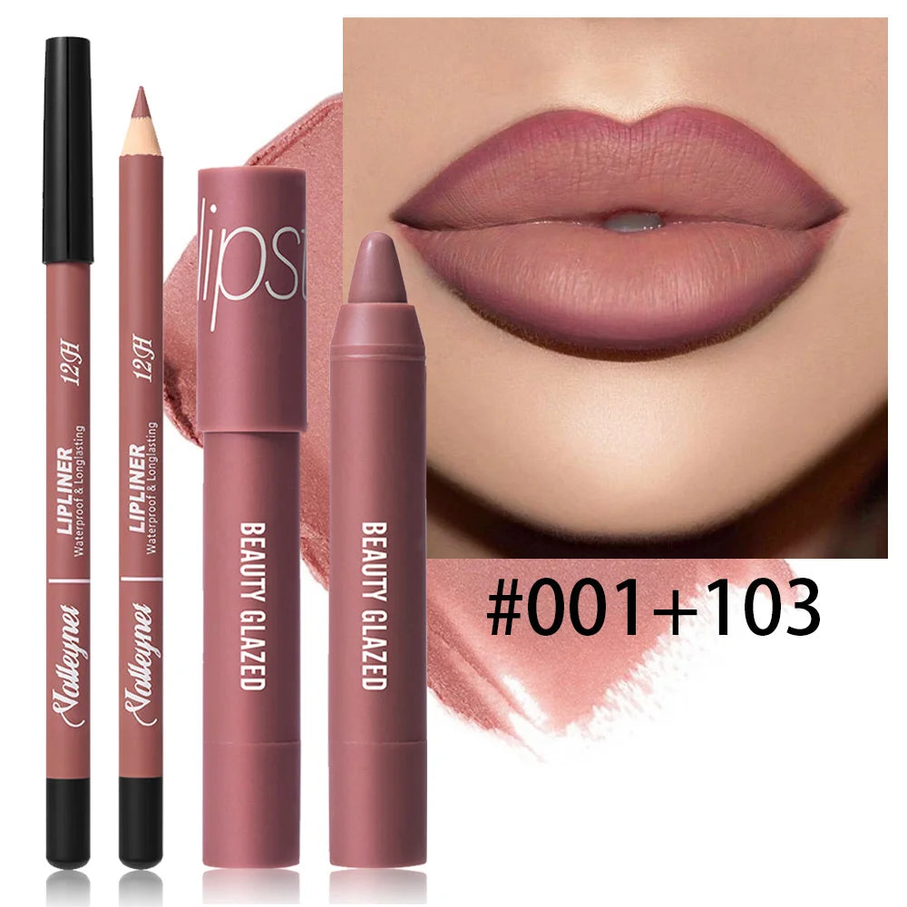 2Pcs/Set Lipliner + Lipstick Matte Waterproof Long-Lasting Lip Color Set - Lip Liner + Moisturizing Lipstick Cosmetics