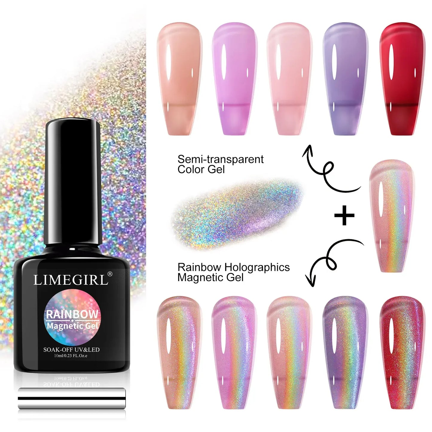Limegirl 10ML Cat Eye Gel Nail Polish With Magnet Soak off UV Holographic Magnetic Rainbow Gel Polish for Nail Art DIY Manicure