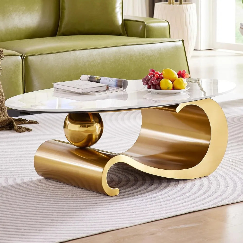 49.2-Inch Modern Oval Faux Marble Coffee Table with Sturdy Gold Metal Base - Luxury Living Room Furniture for Home Decor