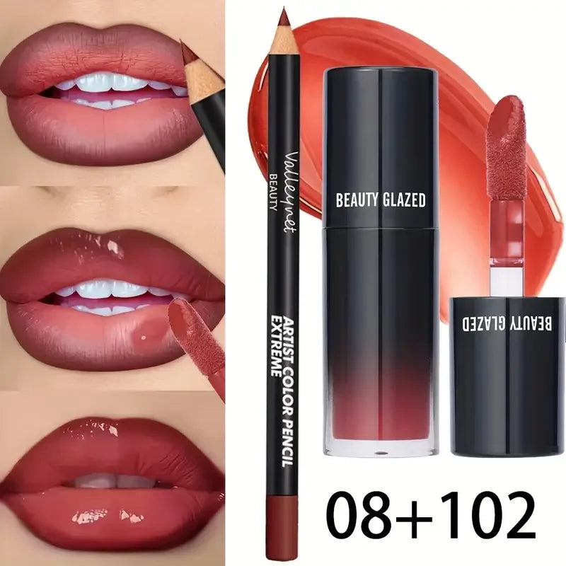 2pcs/Set Velvet Texture Lip Makeup,Matte Effect, Red, Brown Colors, Create a Moisturizing and Natural Lip Makeup