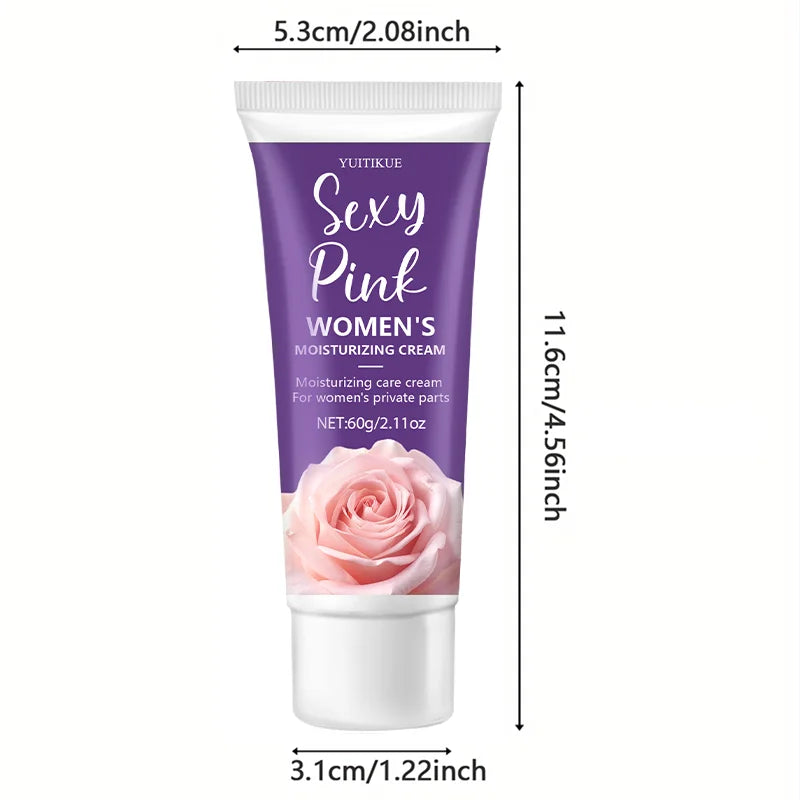 Purple tube of 'Sexy Pink Women's Moisturizing Cream' with a rose graphic and measurements on a white background.