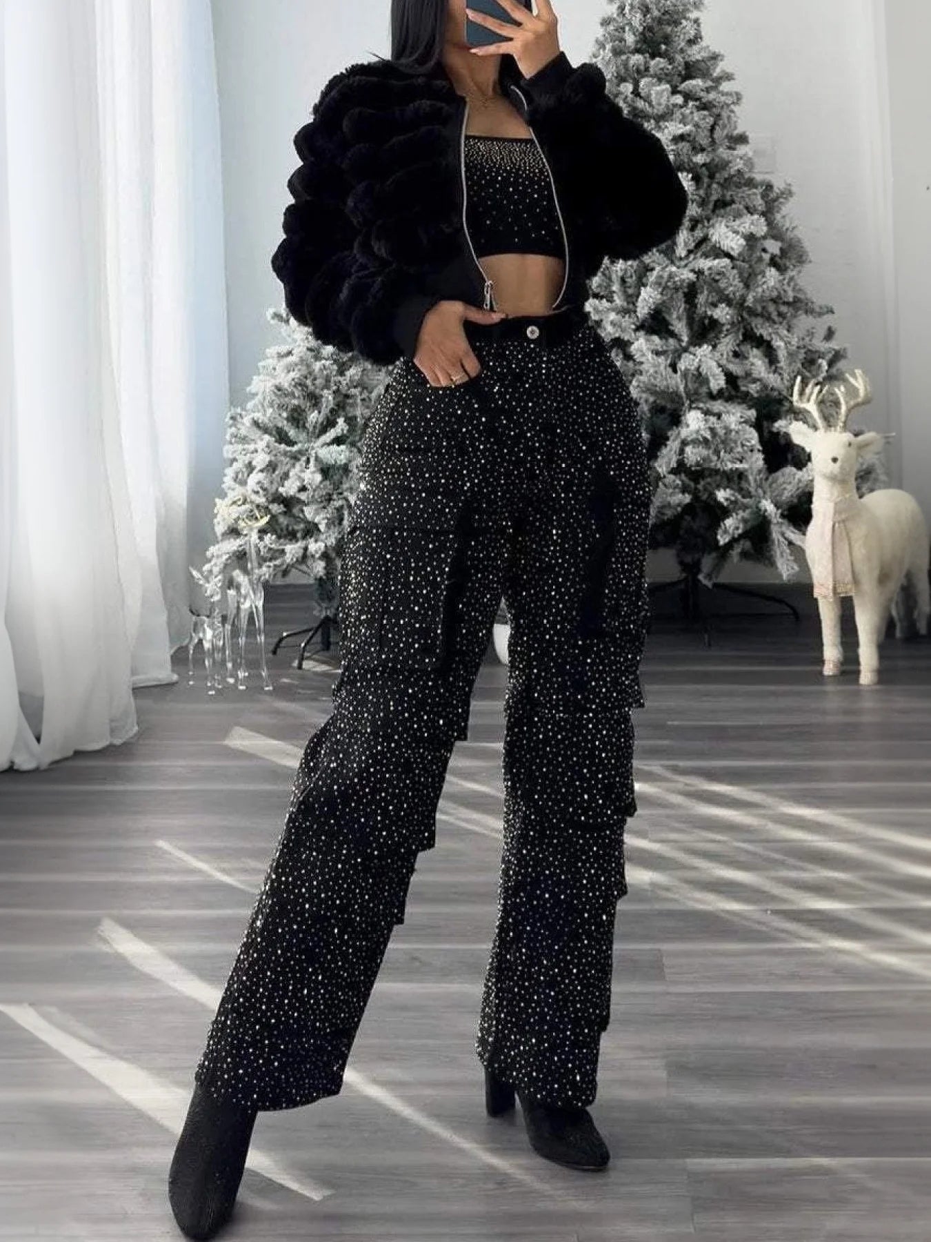 High Waist Black Rhinestone Multi-Pocket Work Jeans, Street Style, High Quality Fashionable Straight Jeans, a Must-Have.