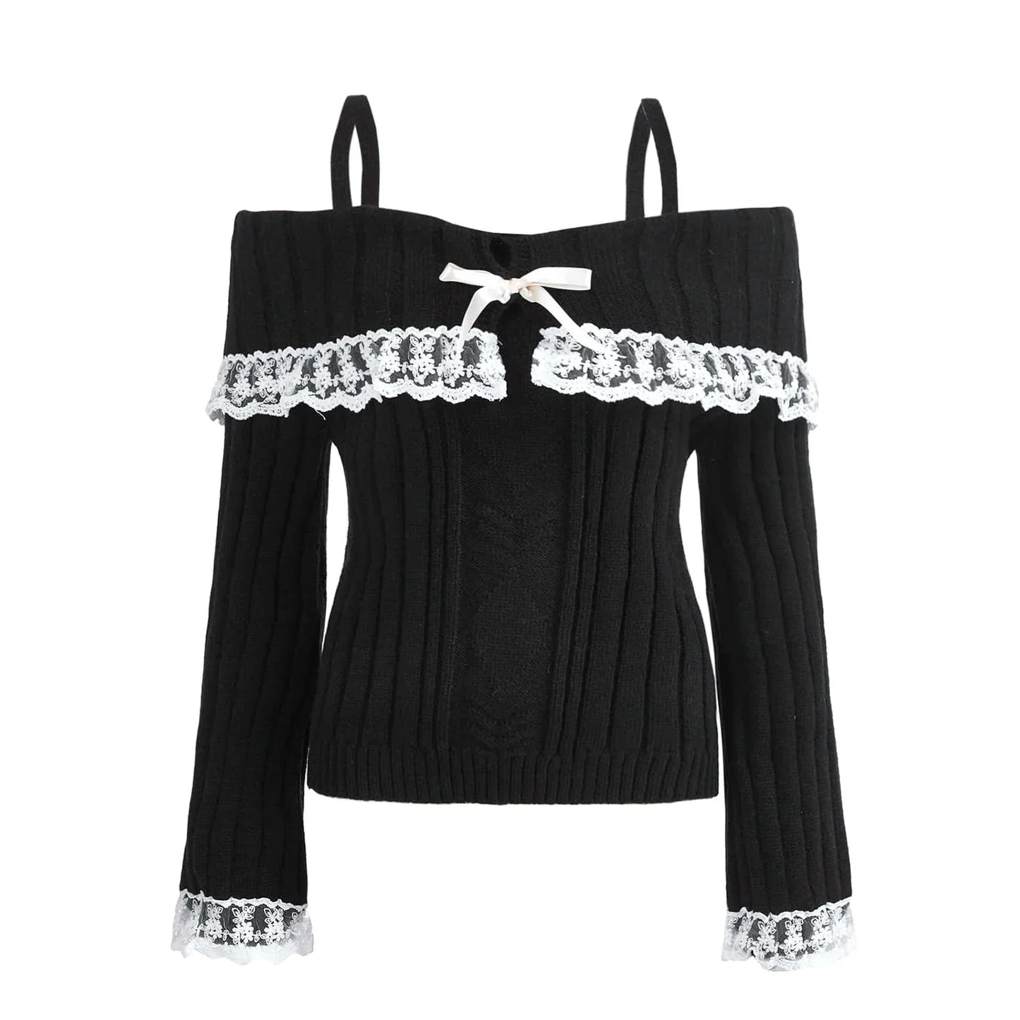 Women Long Sleeve Contrast Lace Knit Pullovers Autumn Winter Cold Shoulder Sweaters Bow Front Jumper Tops Beige/Pink