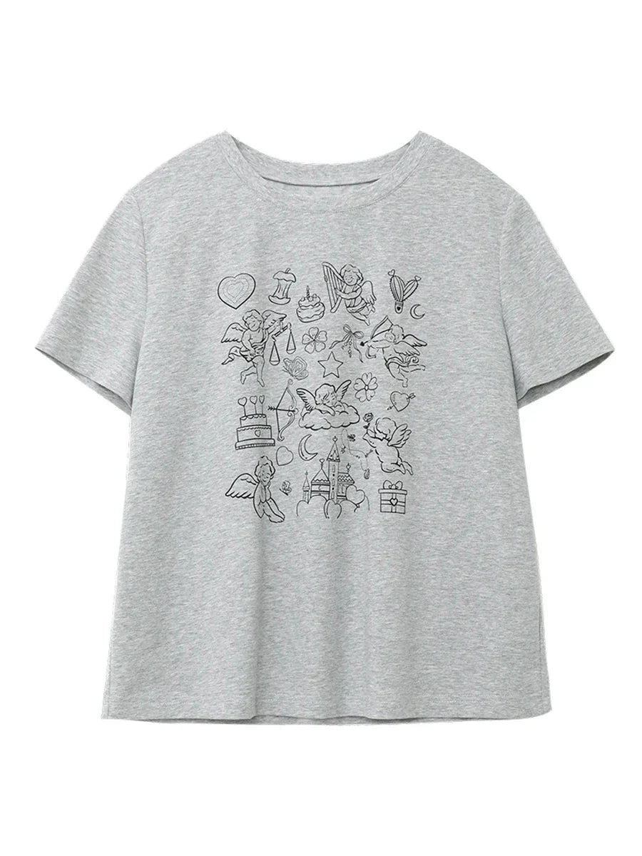 Women’s Printed O-Neck T-Shirt Slim Fit Summer Cotton Tee