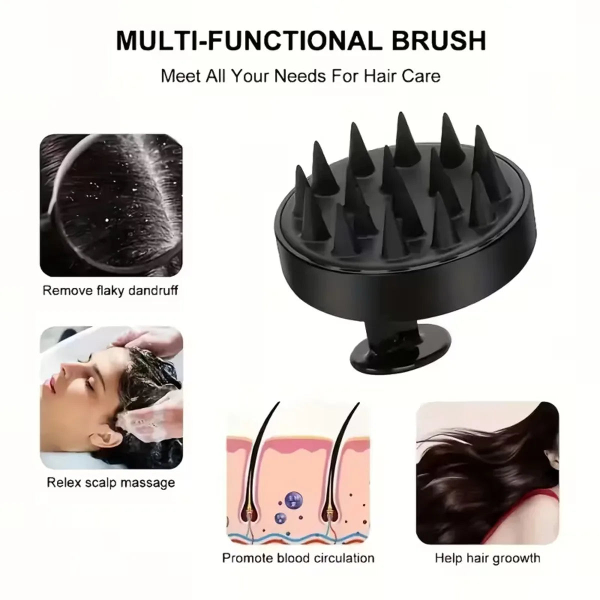 Multi-functional hair care brush with various benefits on a white background