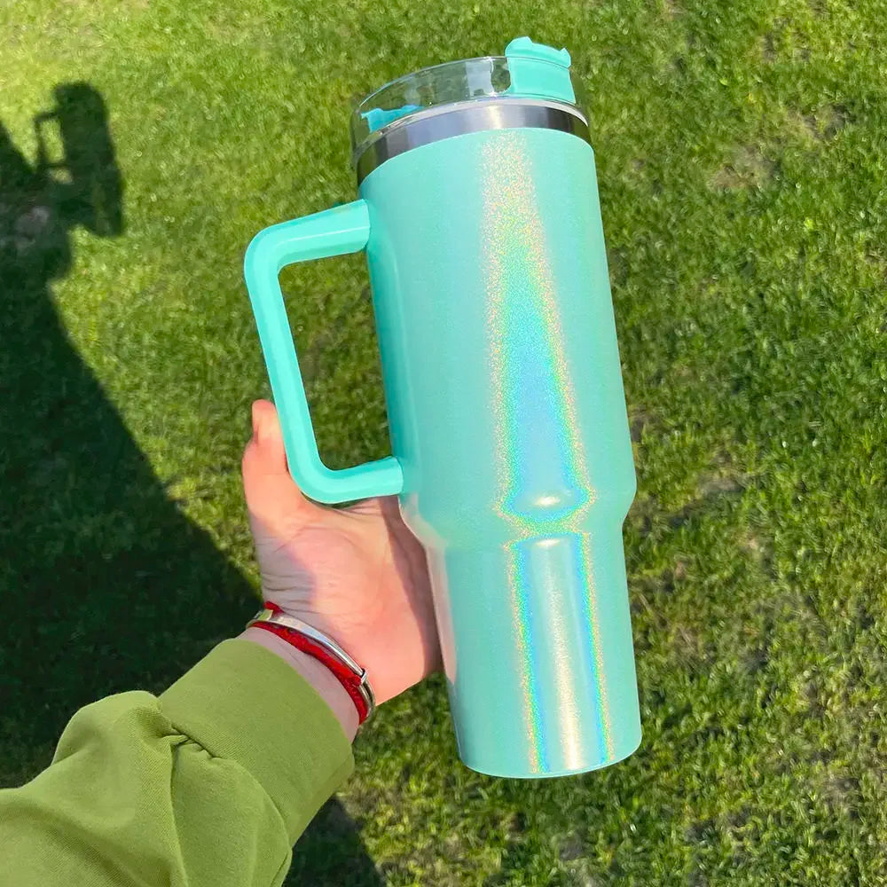 40oz Glitter Shimmer Holographic Rainbow Tumbler Insulated Mug with Handle for Car - Blank Sublimation Rainbow Cup