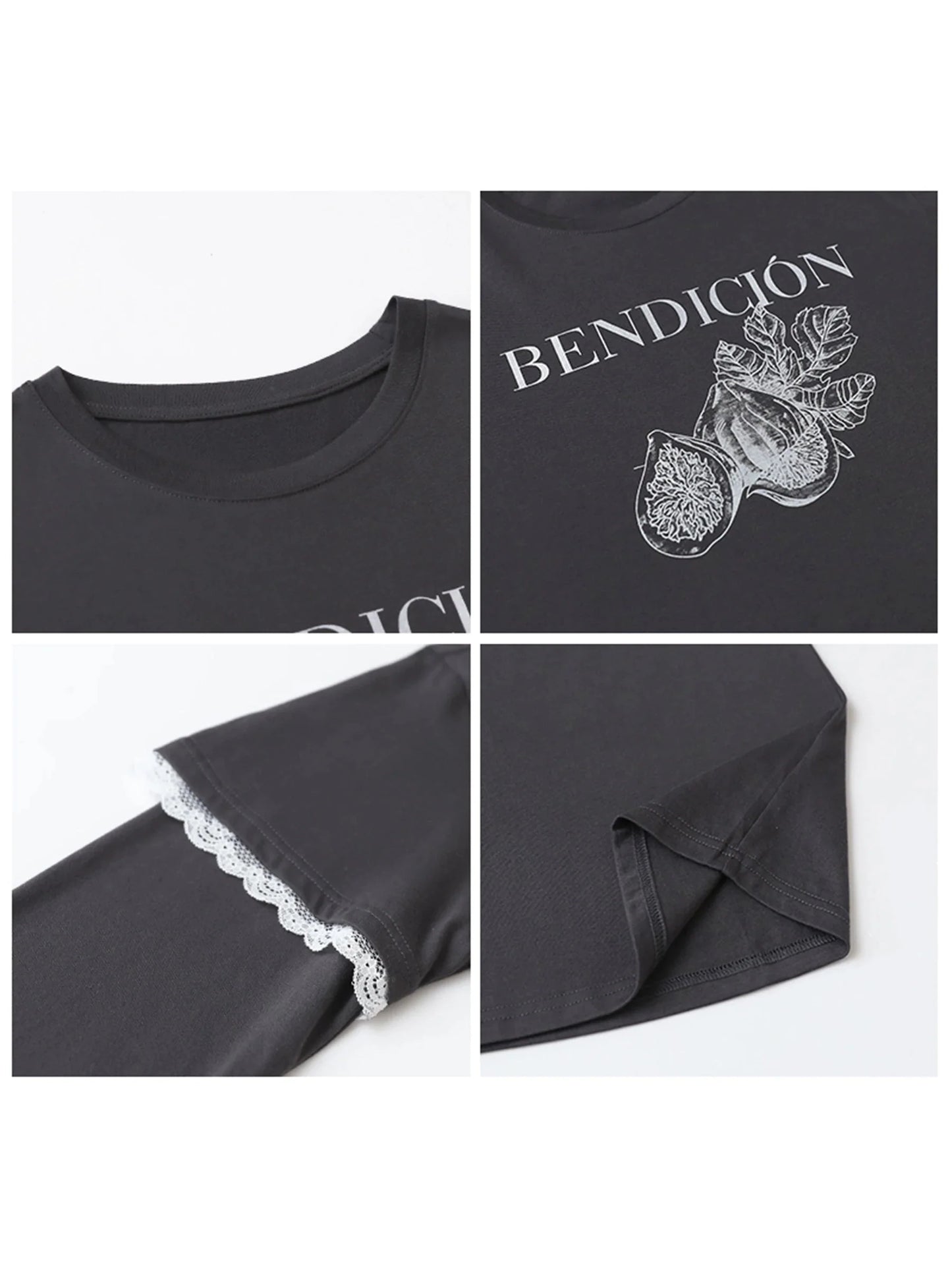 Cotton Letter Print T-Shirt Lace Patchwork Tee