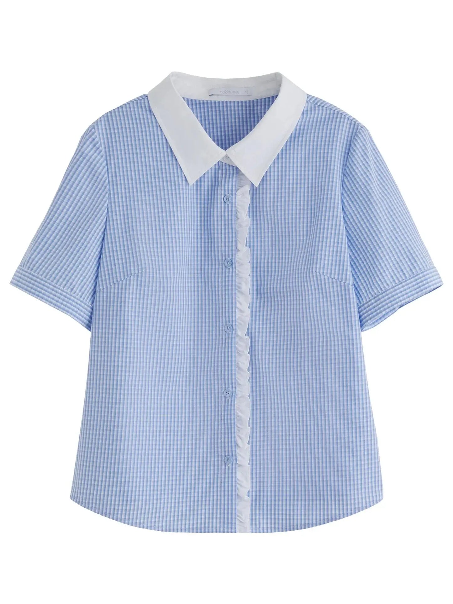 Plus Size Blue Plaid Retro Lace Shirt