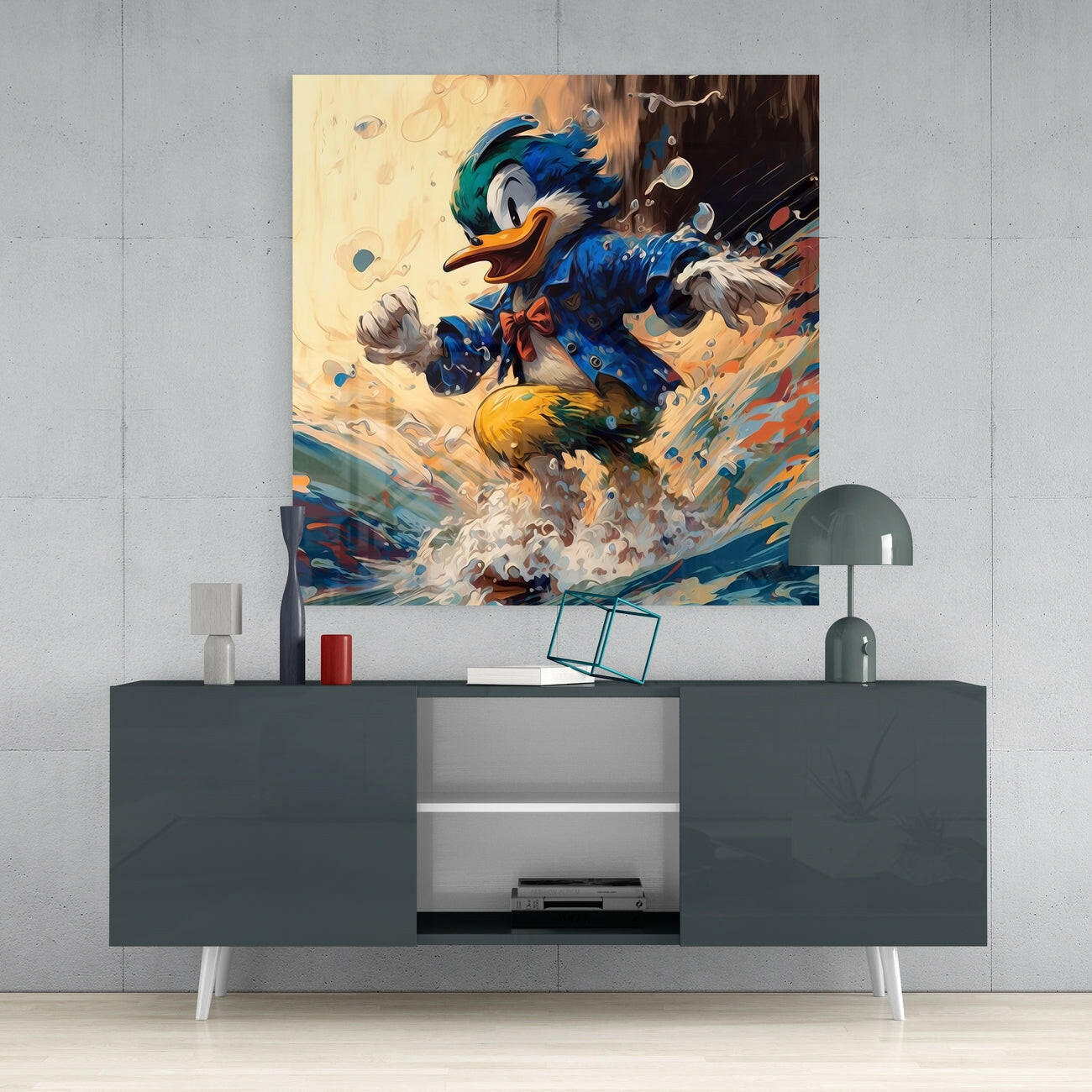 Surfing Duck Glass Wall Art || Designer Collection