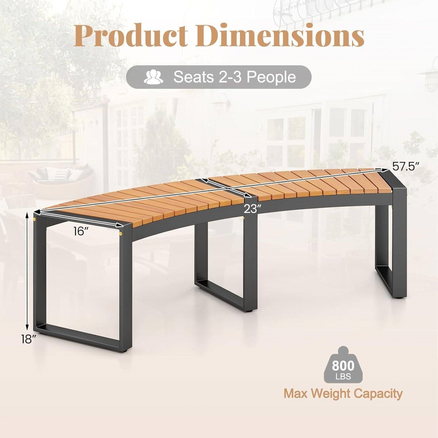 Set of 2 - Outdoor Metal Wood Backless Garden Bench with Modern Curved Design-4