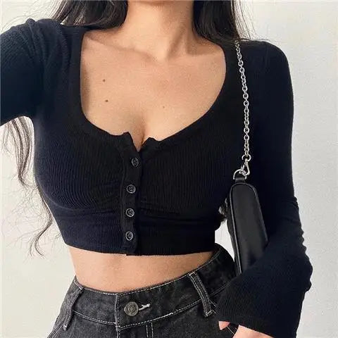 Y2K Striped T-shirt Vintage Punk V Neck Half Open Buckle Long Sleeve Top Gothic Subculture Punk Casual Slim Fit Versatile Tops