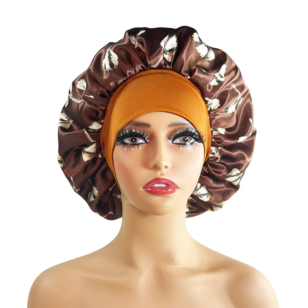 Hair Cap Silk Satin Bonnet Large Sleeping Satin Bonnet Flower Print Elastic Band High Density Women Braids Curly Night Hat