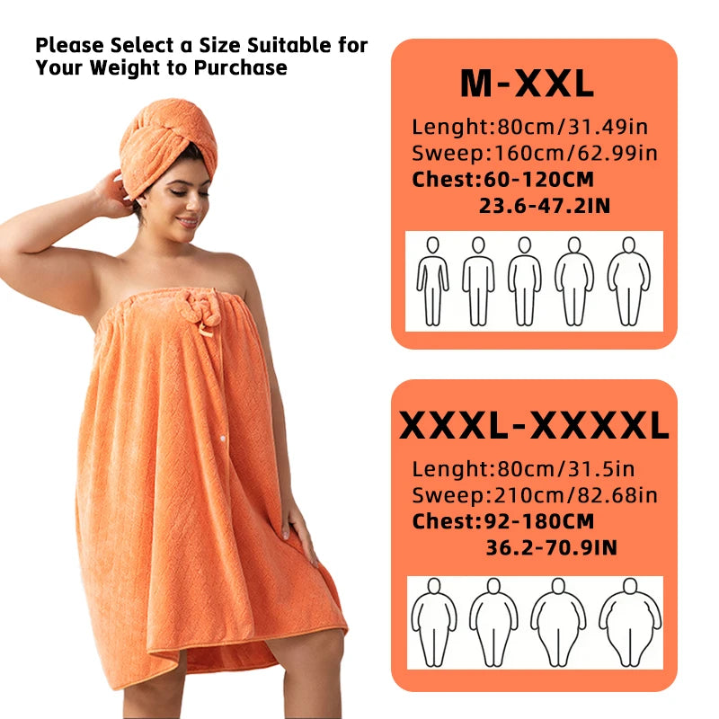 Set of 2, 80*210cm/80*160cm, 350GSM, Extra-Large Bath Skirt + Princess Shower Cap, Adjustable Wearable Towel Skirt with Suitable