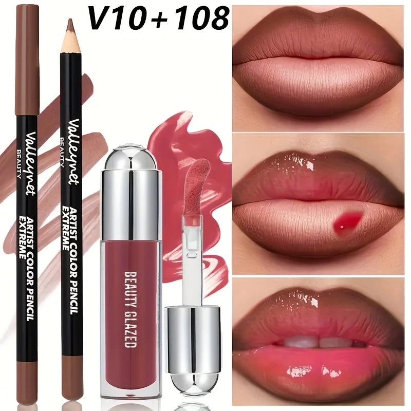 2pcs Lip Gloss & Liner Set Lip Glow Oil with Long-Lasting Beauty Matte Lip Gloss Matte Lipstick Lip Liner, Lip Liner Set Daily