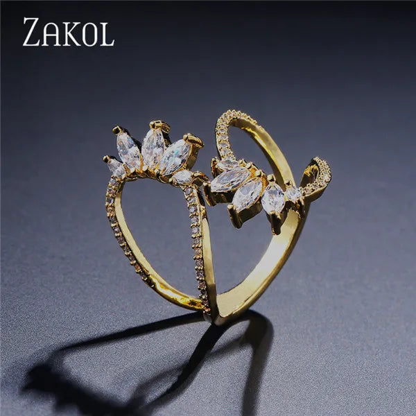 ZAKOL Cute Style White Color CZ Zirconia Leaf Open Rings Geometric Adjustable Ring Jewelry for Women Party Gift RP2015