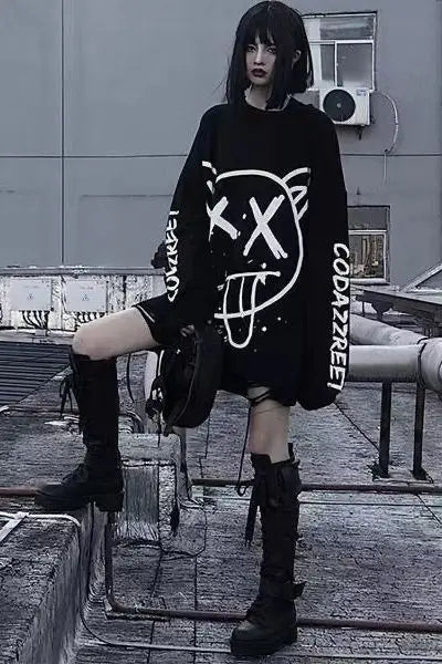 Graffiti Grimace Print Long Sleeve Loose Hoodie
