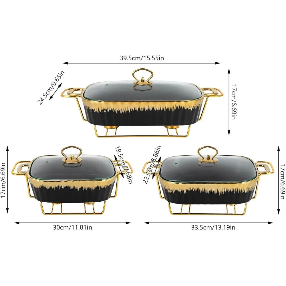 3 Piece Set Ceramic Chafing Dishes Buffet Set, Luxury Black Ceramics Chafer with Gold Trim, Chafer and Buffet Warmer Set