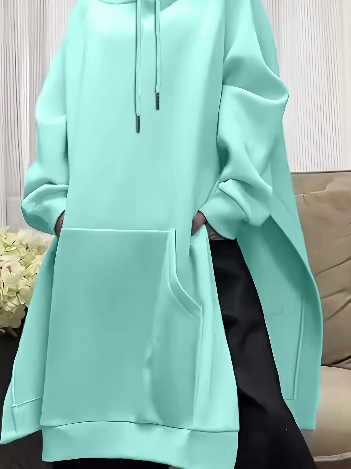 Plus size long sleeve solid color side slit mid-length women's casual pullover hoodie